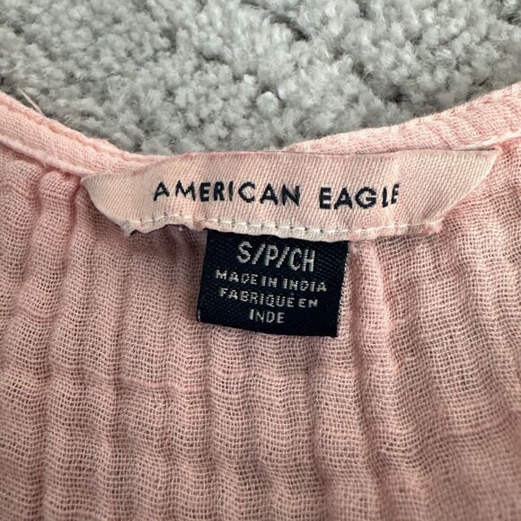 American Eagle Light Pink Baby Doll Crop Top Blouse Size Small Ruffled‎ Cotton - Picture 5 of 9